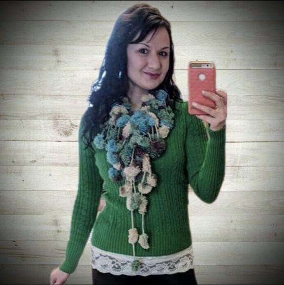 Handmade Fluffy Scarf by me!! Super Soft Puff Balls Green Aqua Blue Brown - Picture 4 of 12